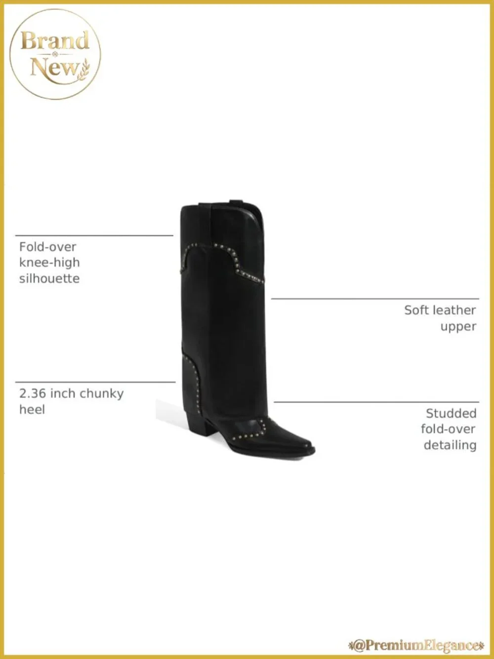 Fold Over Knee High Boots Chunky Heel Studded Snip Toe Women's